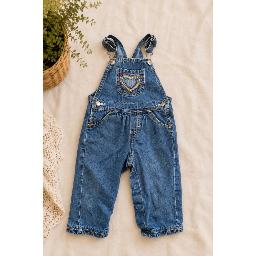 Vintage 90s Baby Denim Overalls 12M Rainbow Heart Embroidered OshKosh B'gosh Y2K